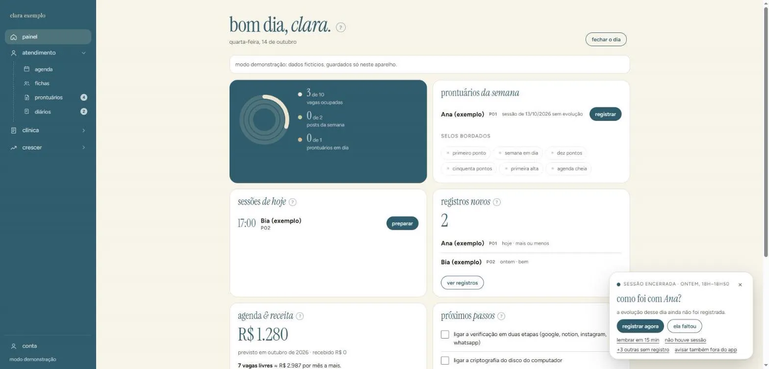 Painel do Bastidor, na versão de demonstração com dados fictícios
